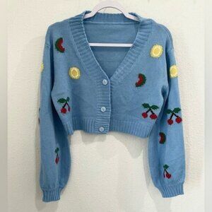 Vintage Fruit Embroidered Cardigan Boho Mod Kitschy Colorful Cropped